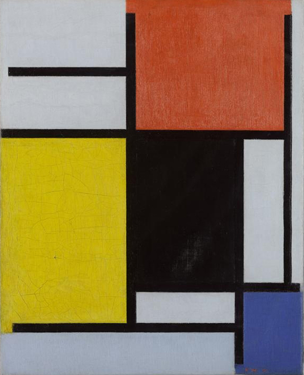 Kompozycja z czerwonym, żółtym, niebieskim, czarnym i szarym / Autor: Piet Mondrian